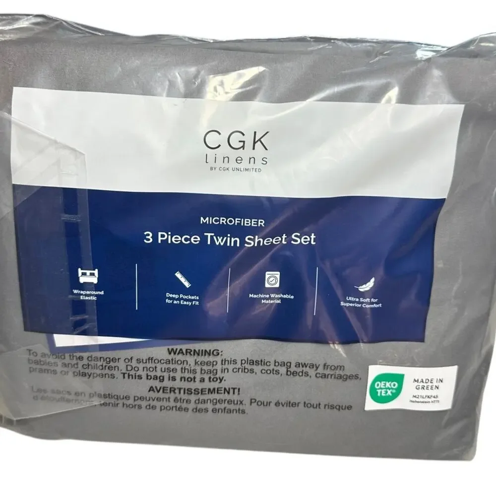 CGK Linens Twin 3 Piece Sheet Set Dark Gray New Sealed Soft Microfiber